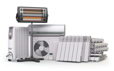 Various heaters and heating equipment against a white background.