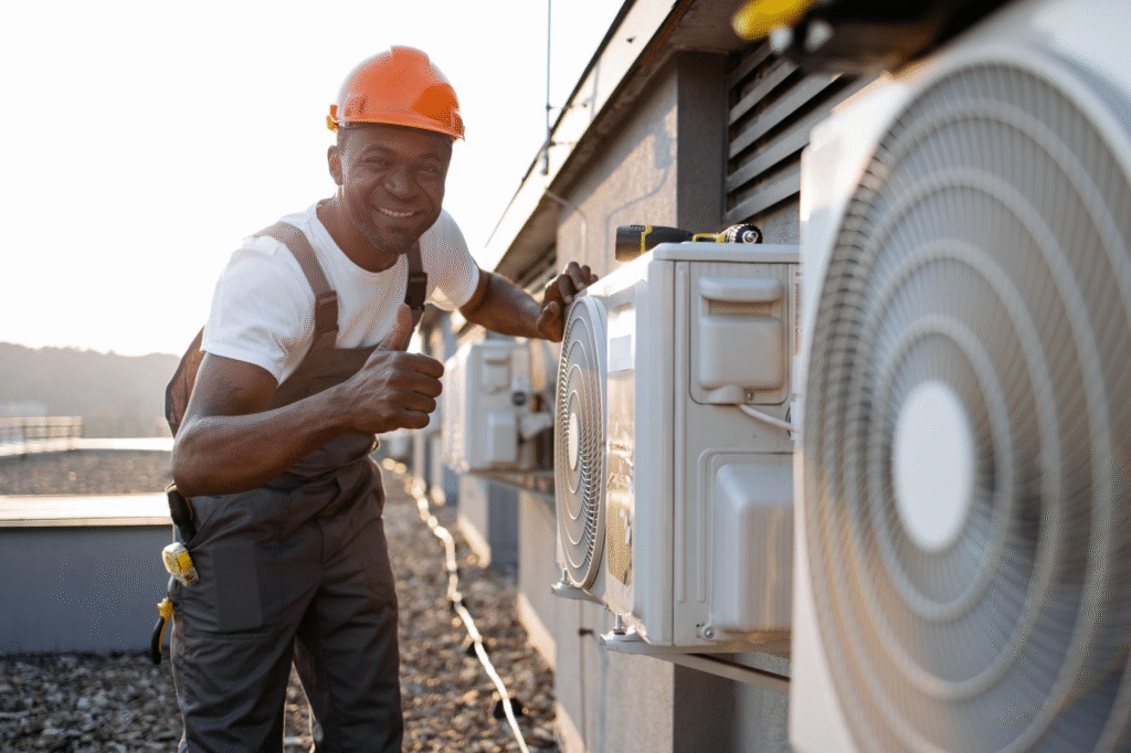 A technician smiles and gives a thumbs up after providing AC Repair Service.