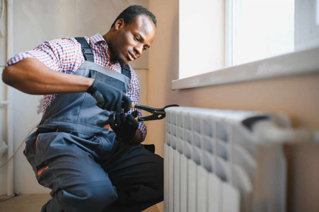 A technician administers heating services to a home radiator.