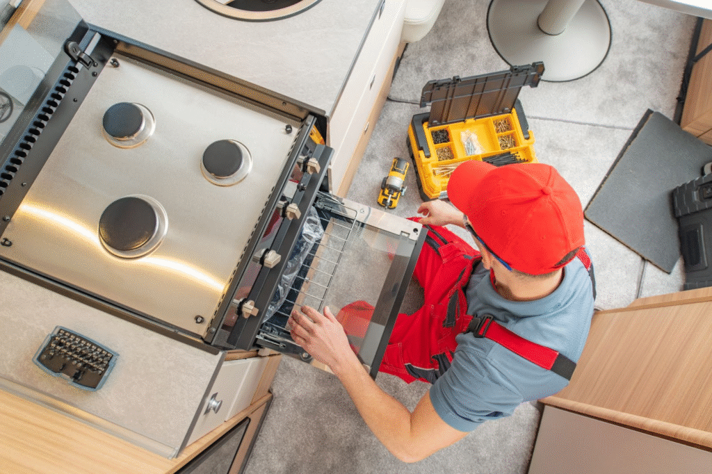 Overhead view of a technician replacing a gas stove in a travel trailer