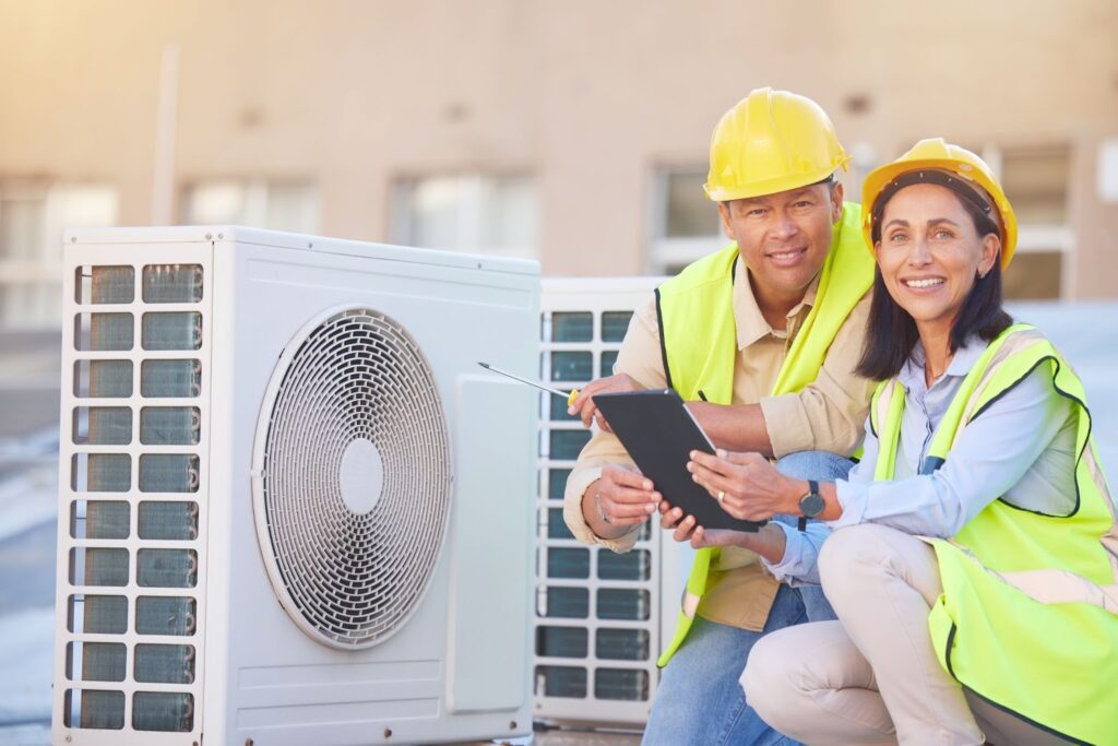 Two engineers are working on an air conditioning unit.