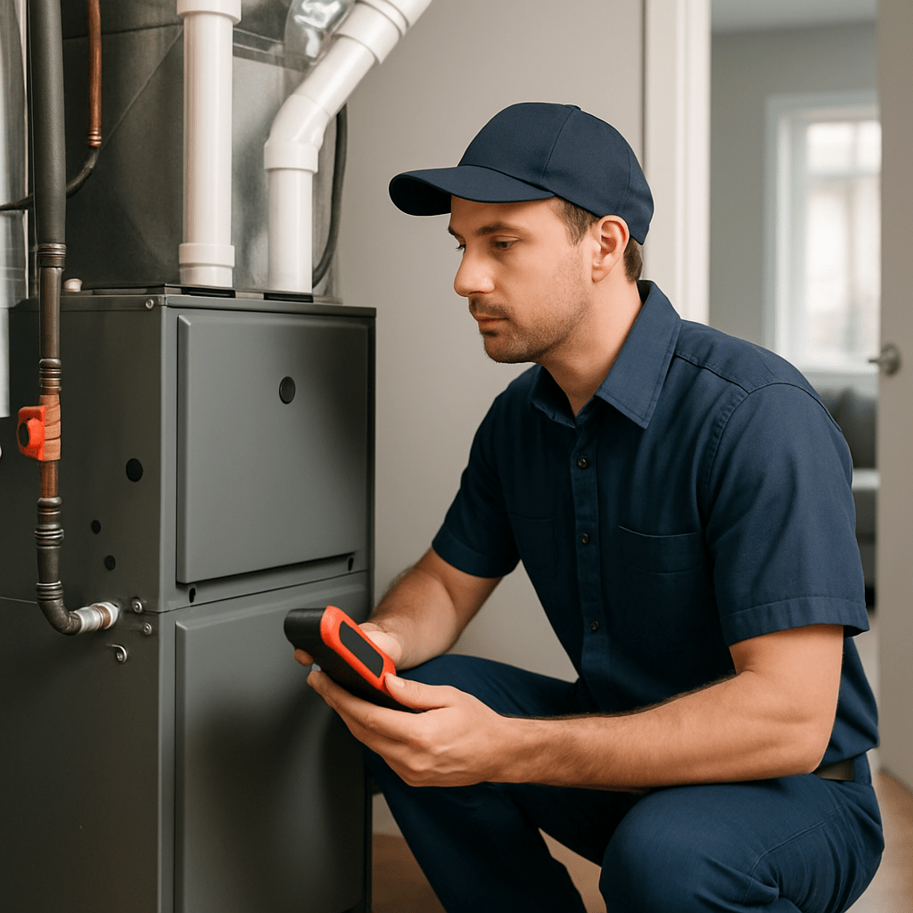 Technician inspecting a furnace