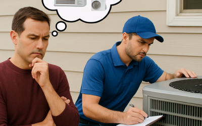Homeowner examining an air conditioner unit for repairs