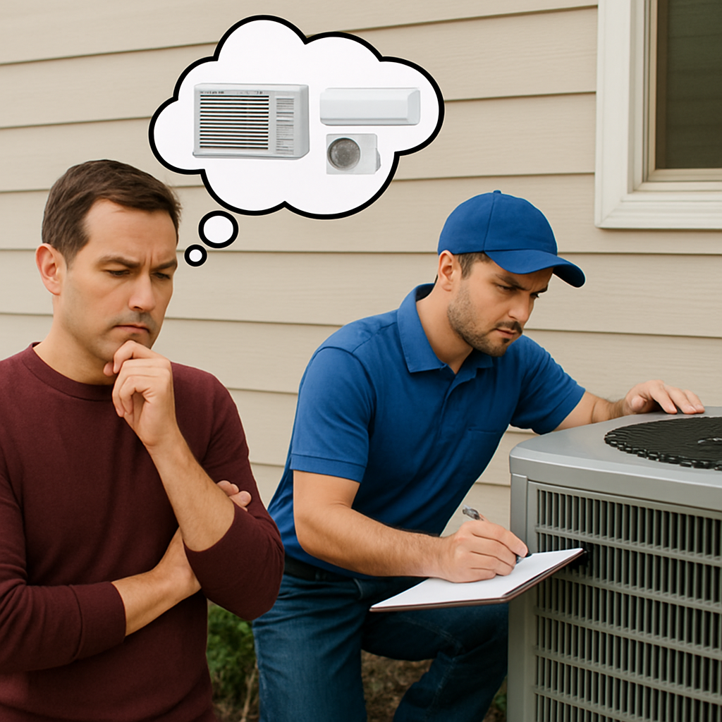 Homeowner examining an air conditioner unit for repairs
