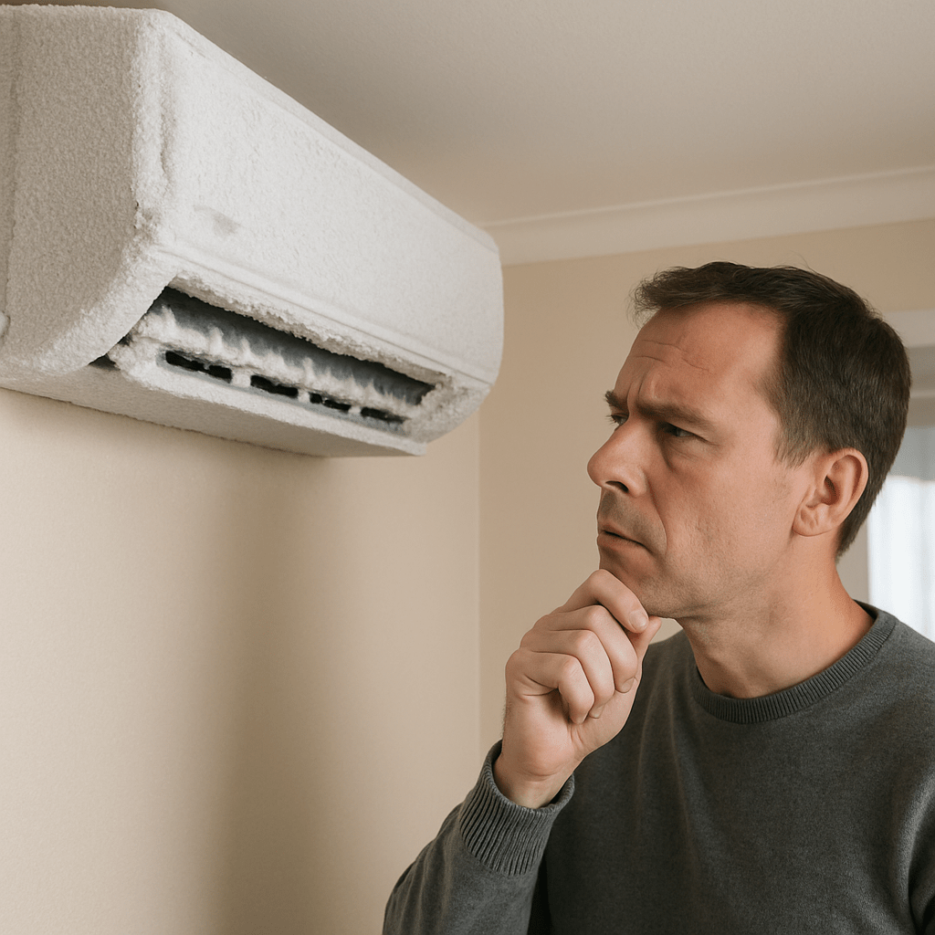 Frozen air conditioning unit with ice build-up