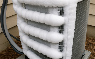 A frozen air conditioning unit with ice buildup