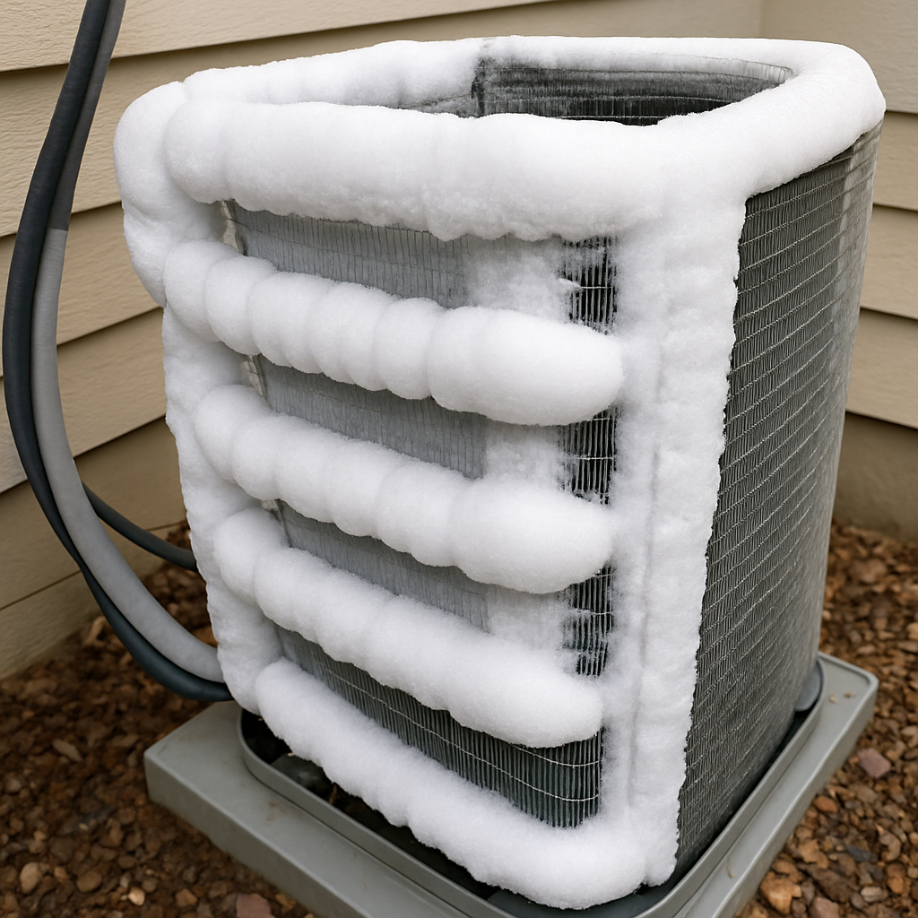 A frozen air conditioning unit with ice buildup