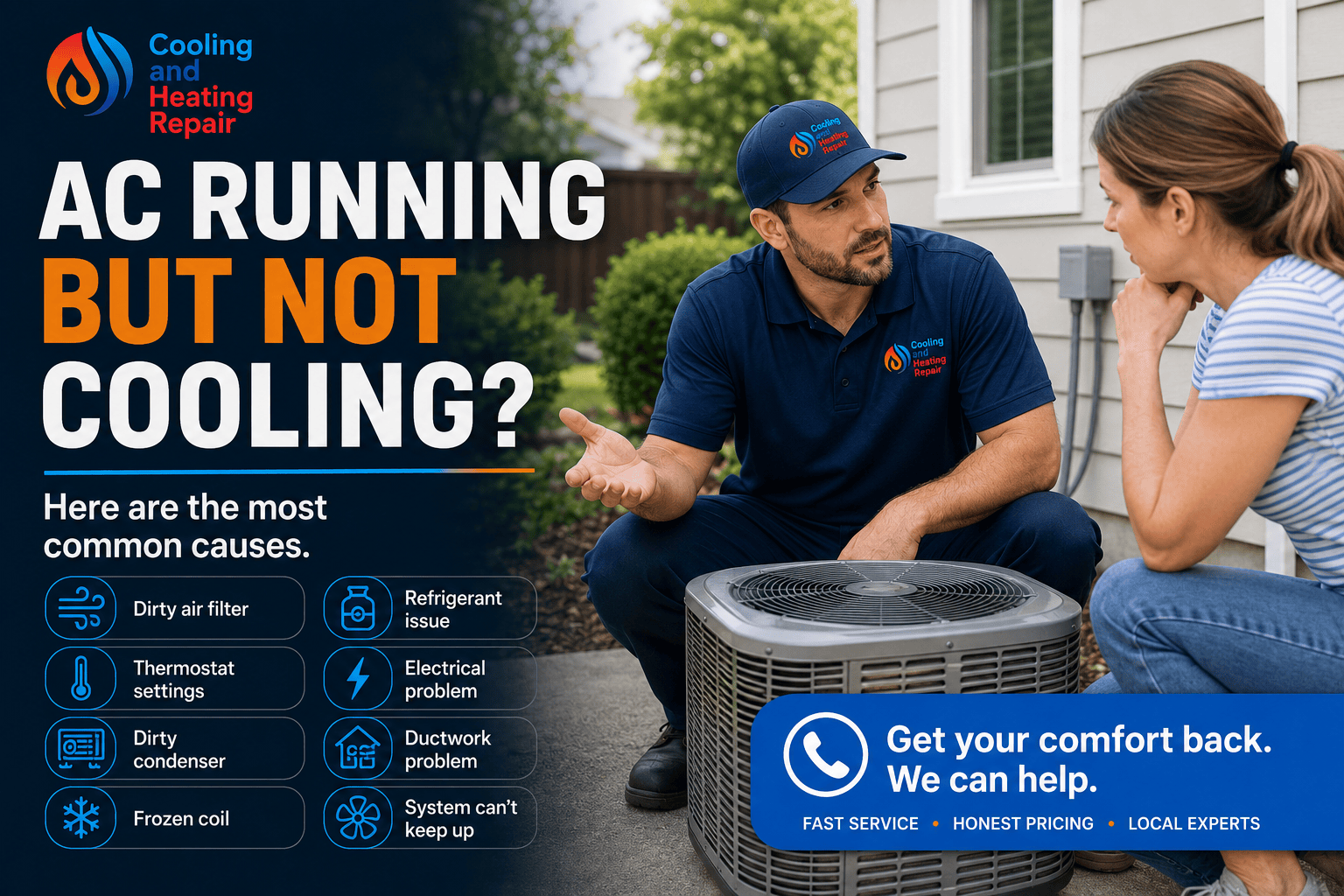 HVAC technician inspecting an air conditioner that is running but not cooling properly