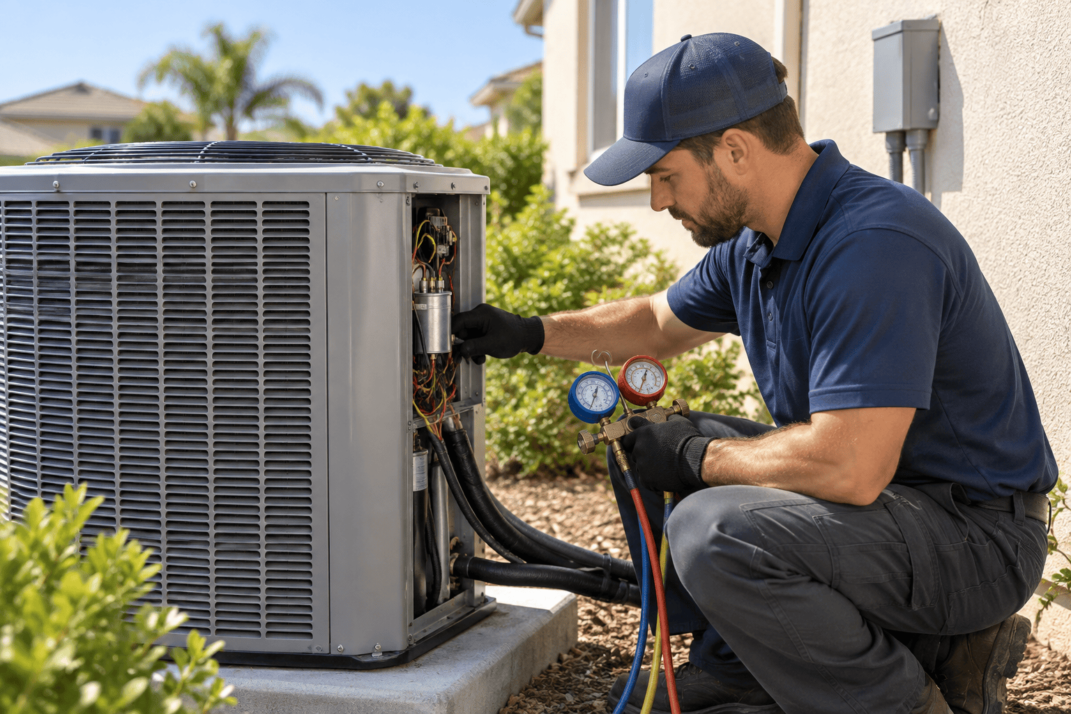 HVAC technician diagnosing a central AC system that is running but not cooling
