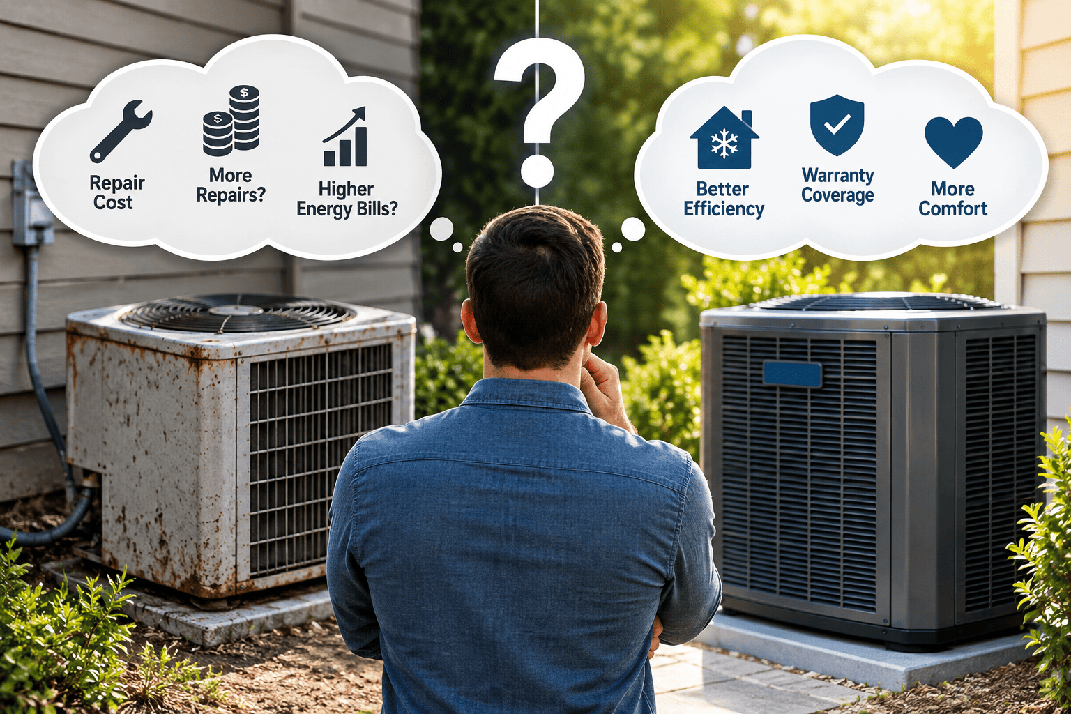 Homeowner comparing AC repair costs with replacing an old air conditioning system