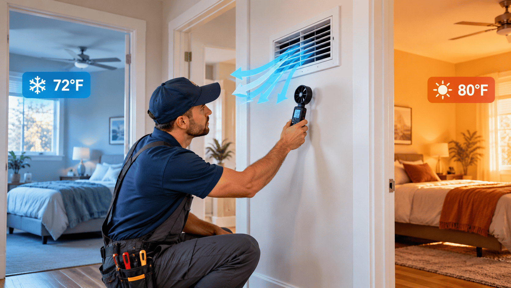 HVAC technician checking airflow to diagnose uneven AC cooling in a home